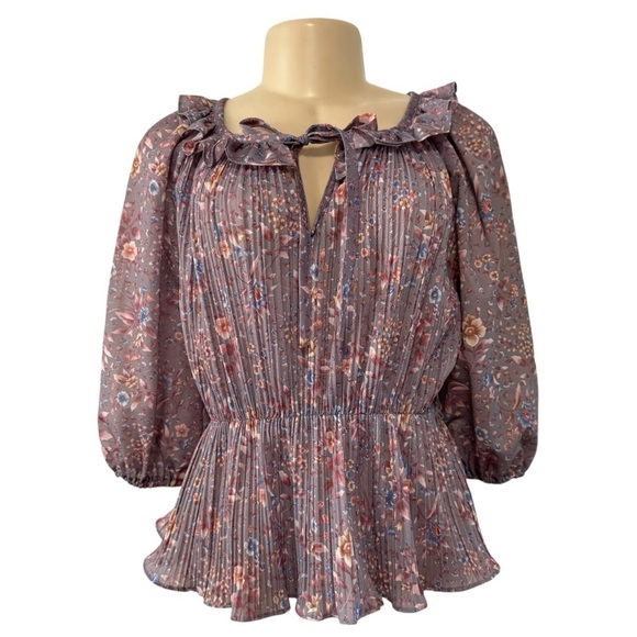 Vintage 70s Gray Floral Keyhole Ruffled Pleated Peplum Chiffon‎ USA Union Made - Picture 4 of 16